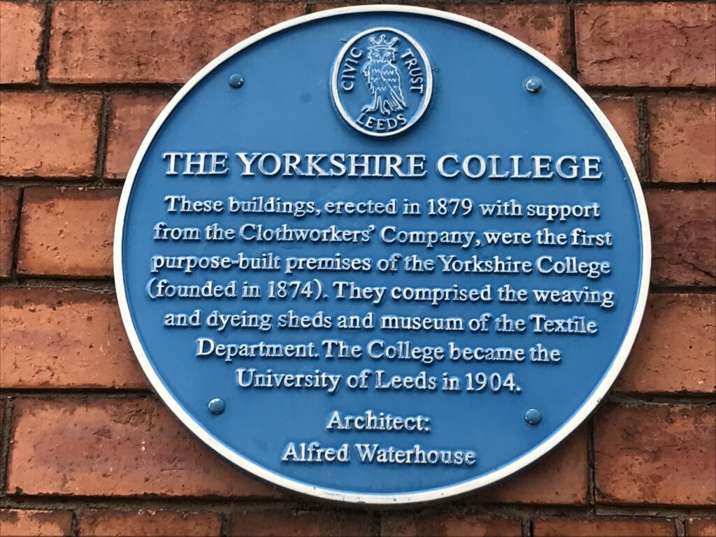 Plaque on the Textiles Department at the University of Leeds commemorating the support of the Clothworkers Company