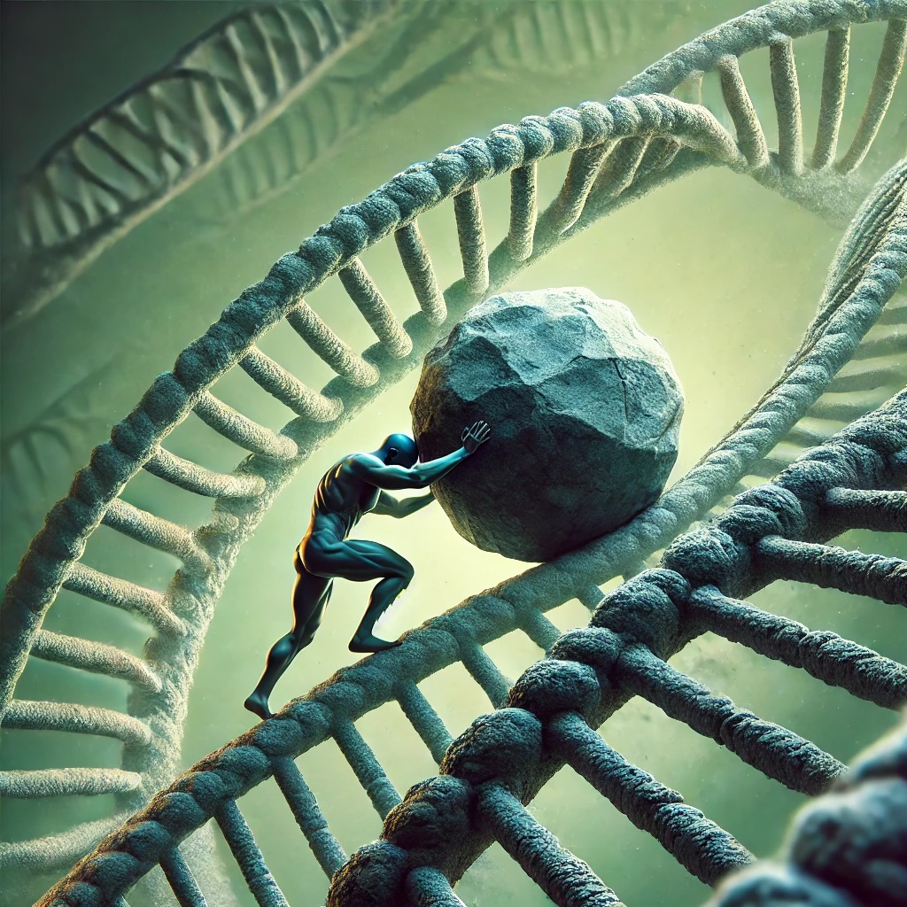 Sisyphus from Greek mythology rolling a boulder up the ascending coils of the DNA double helix