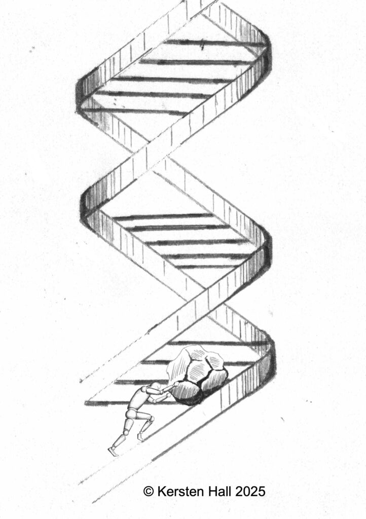 Sisyphus from Greek mythology struggling to roll a boulder up the coils of the DNA double helix