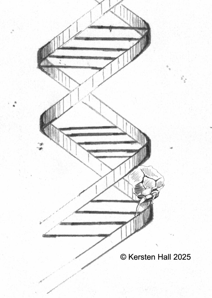 Sisyphus from Greek mythology struggling to roll a boulder up the coils of the DNA double helix