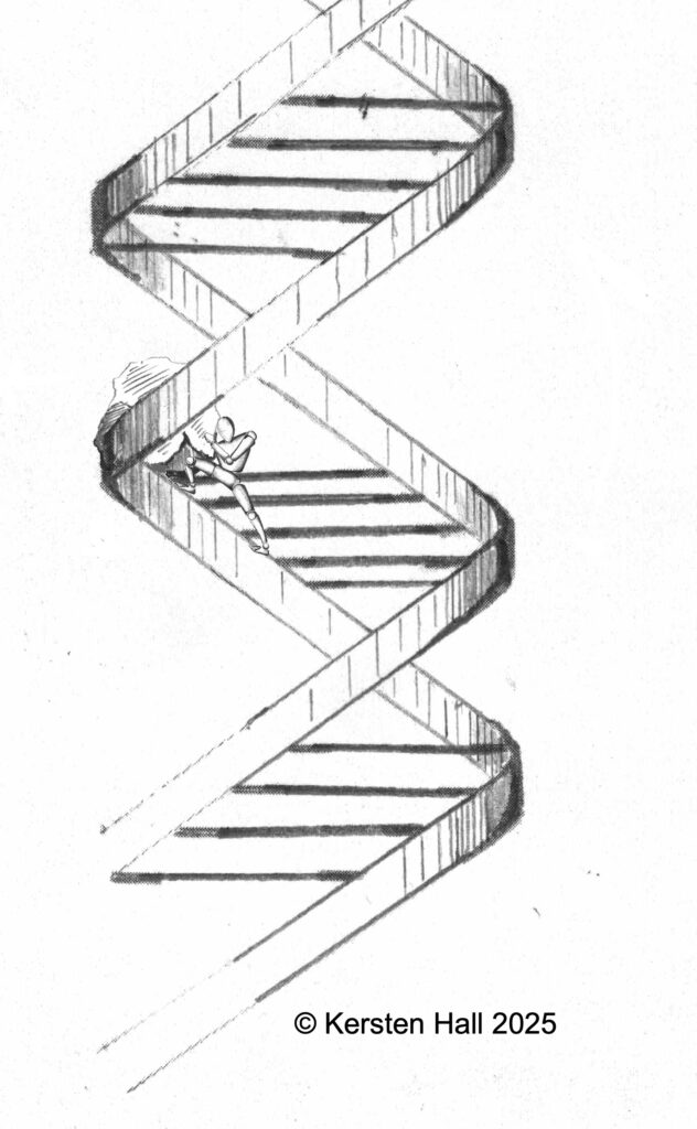 Sisyphus from Greek mythology struggling to roll a boulder up the coils of the DNA double helix