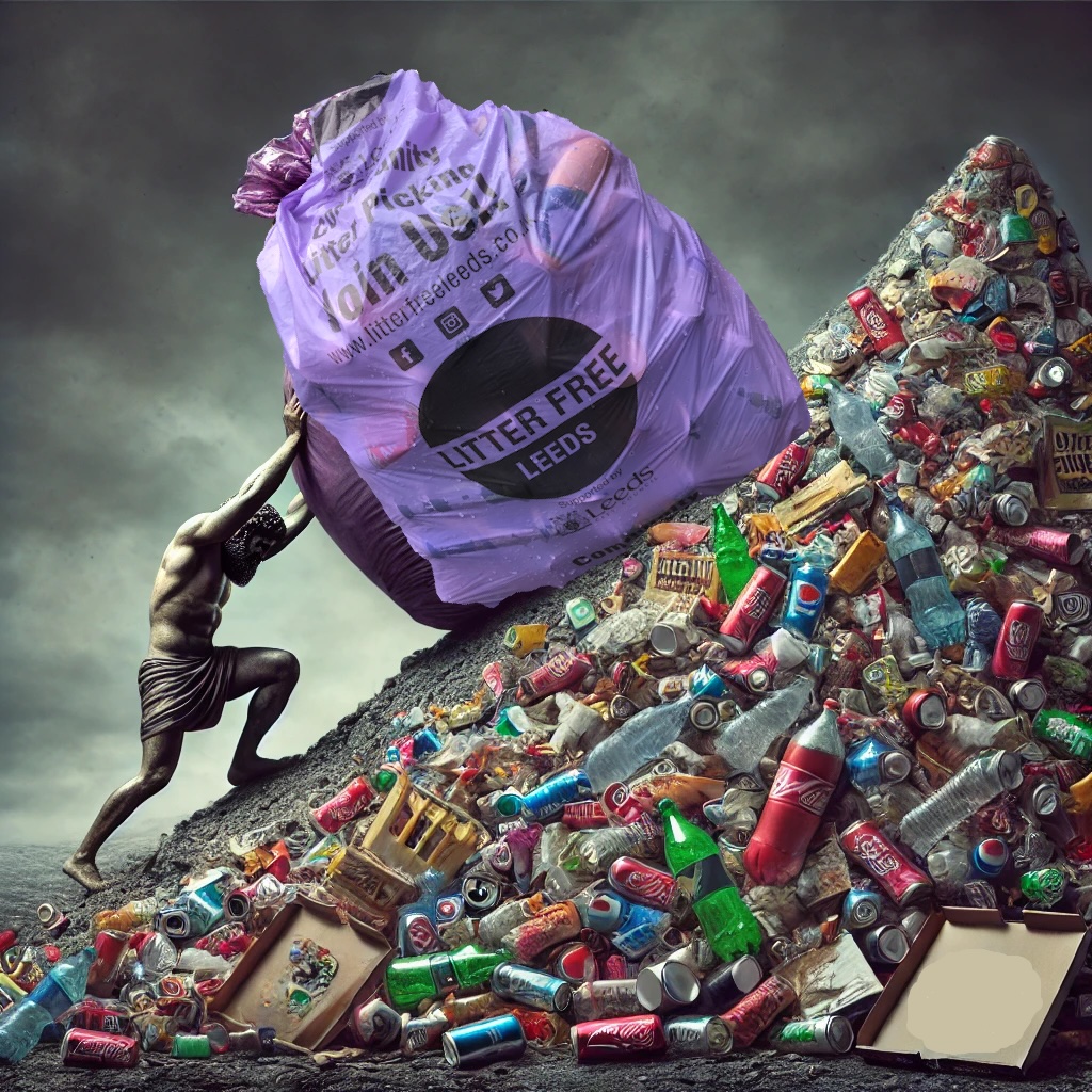 Sisyphus from Greek mythology struggling to push a bulging bag of litter up a mountain of discarded drinks cans and bottles